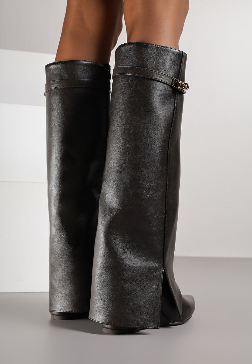 Brązowe Kozaki na Koturnie z Cholewką Imitującą Nogawkę z Aplikacją Testarria