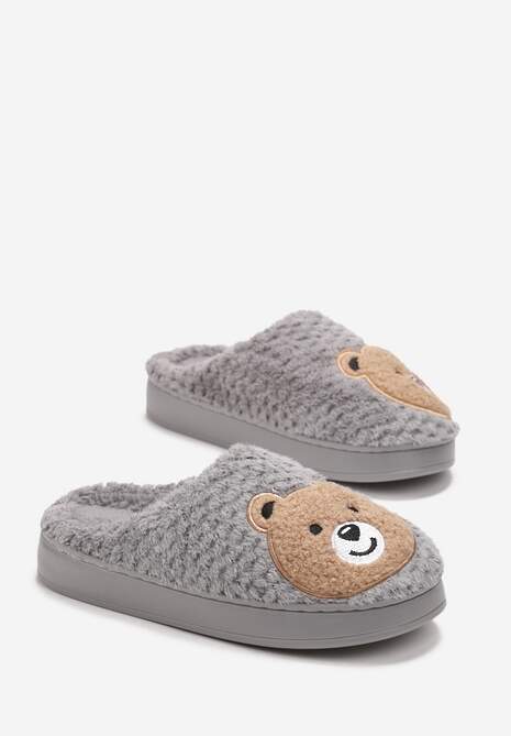Szare Ocieplone Kapcie z Naszywką w Kształcie Uroczego Misia Garana