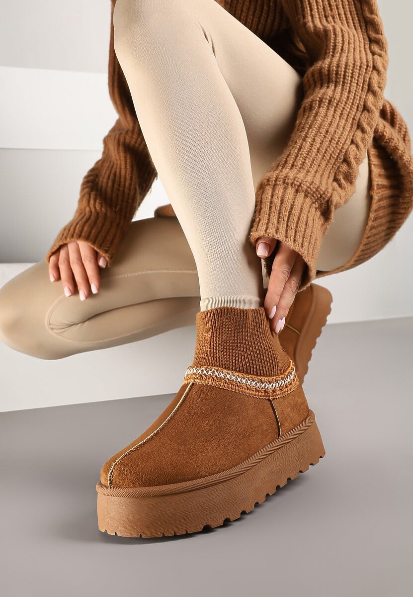 Brązowe Śniegowce na Platformie ze Skarpetową Cholewką Erevelis