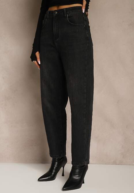 Czarne Jeansy Mom Fit High Waist z Dodatkiem Wiskozy Aclonea