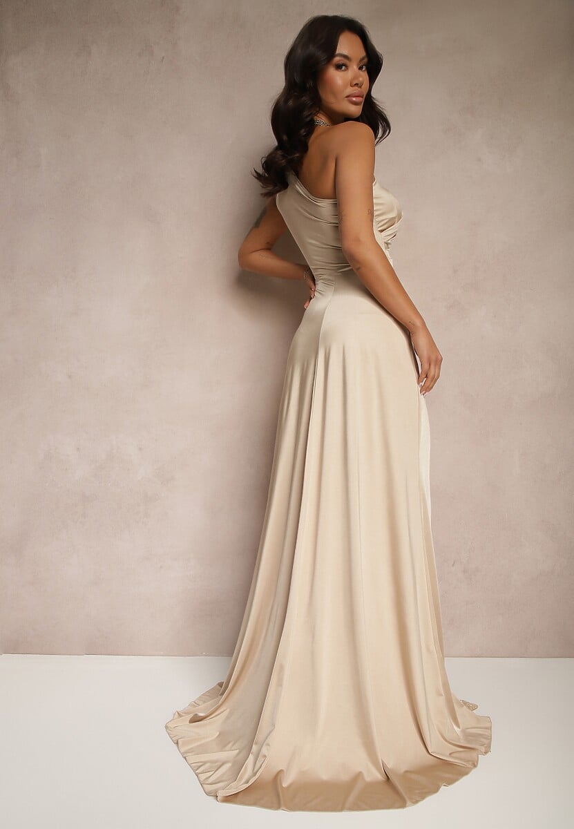 Beżowa Marszczona Sukienka o Asymetrycznym Kroju z Rozcięciem Taliona