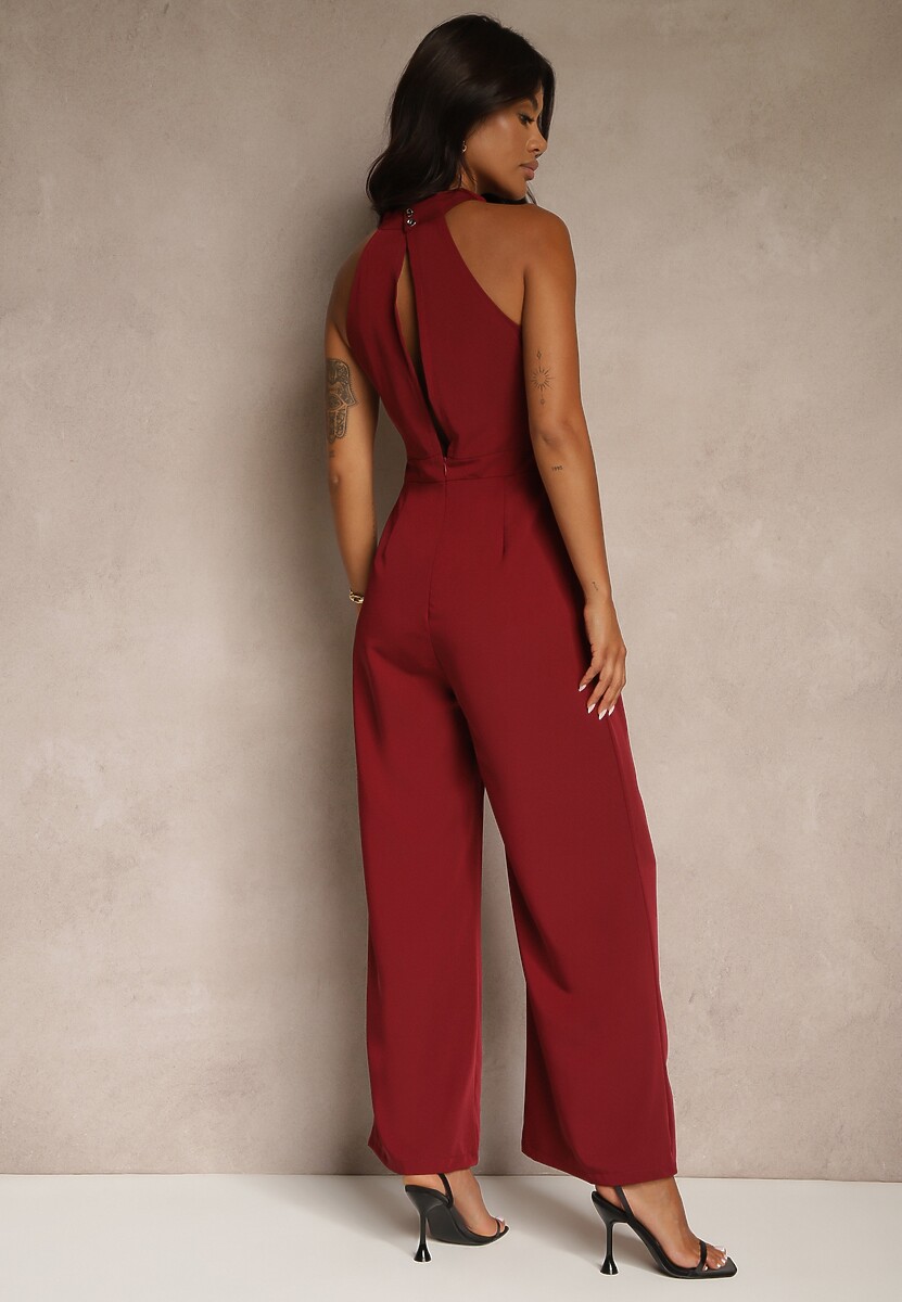 Bordowy Kombinezon Wide Leg z Ozdobnym Wiązaniem przy Szyi Silelia