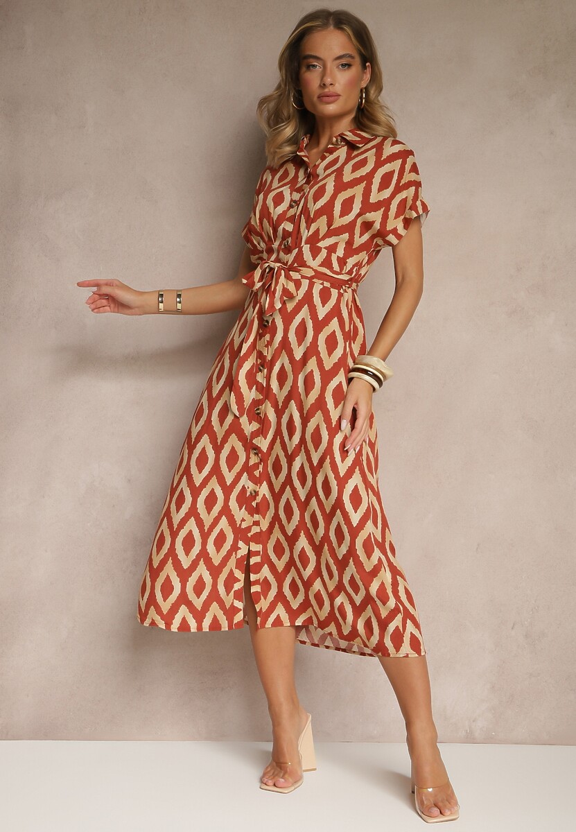 Pomarańczowa Koszulowa Sukienka z Wiskozy Ozdobiona Geometrycznym Motywem  Ralomia