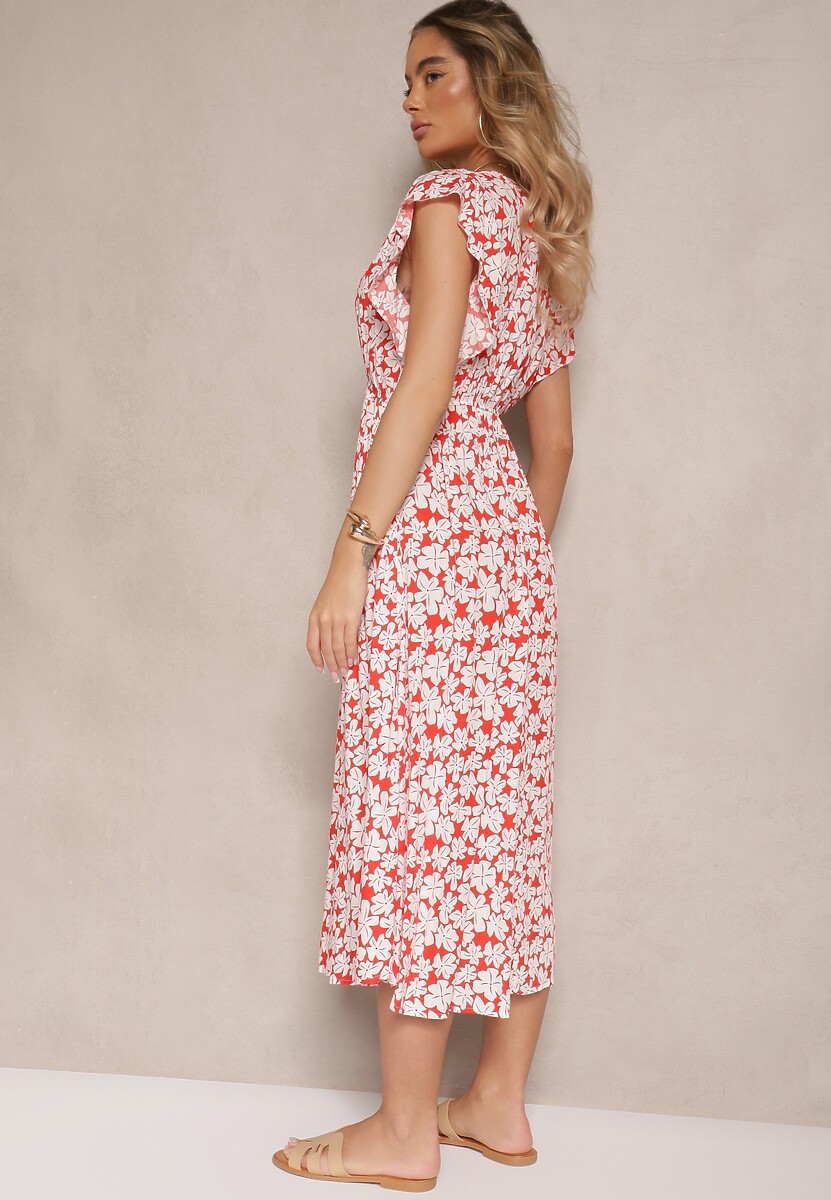 Czerwona Rozkloszowana Sukienka z Bawełny w Kwiatowy Wzór z Gumką w Talii Alaniria