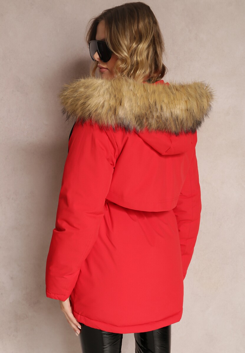Czerwona Kurtka Parka z Kapturem z Futerkiem Bimi