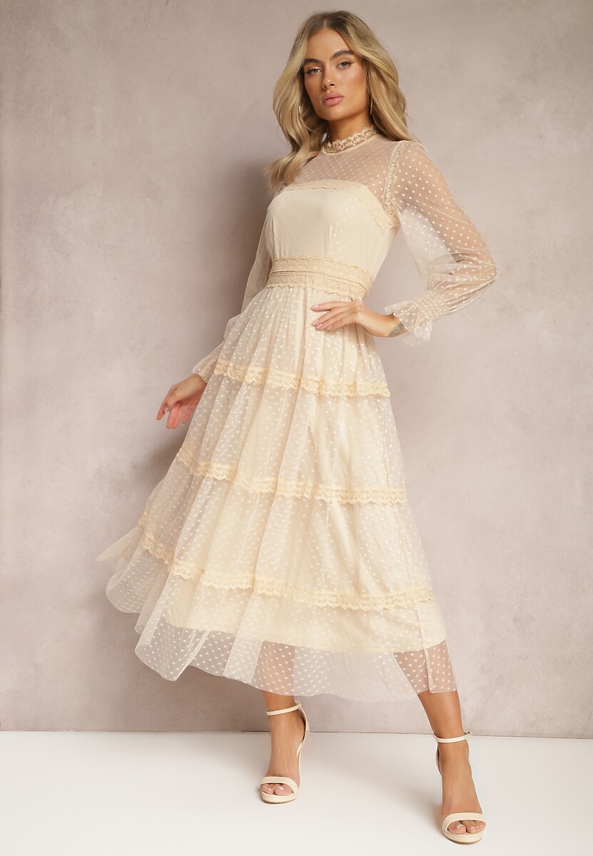 Biała Koronkowa Sukienka Rozkloszowana z Falbanką Faberlla