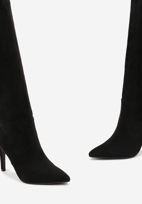 Czarne Kozaki przed Kolano na Szpilce z Noskiem w Szpic Modara