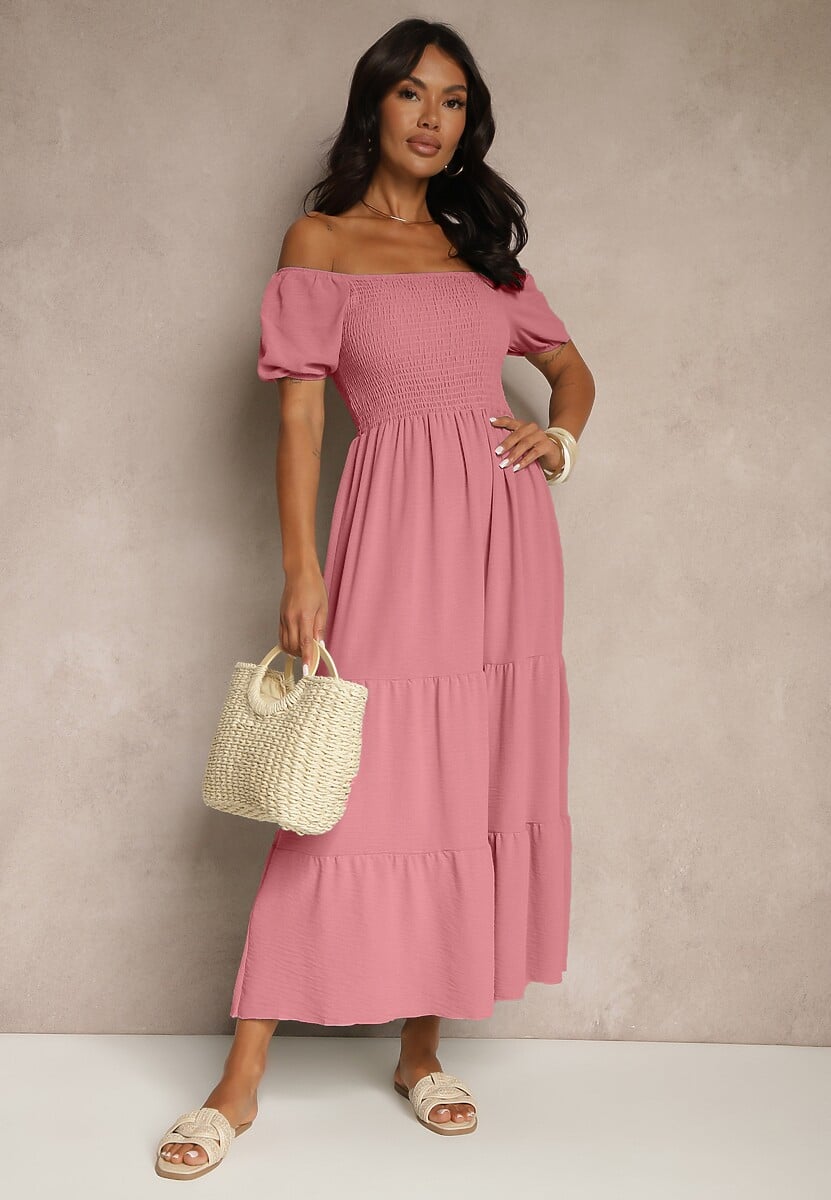 Ciemnoróżowa Sukienka Hiszpanka z Marszczoną Górą Lumirielle