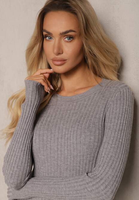 Szara Sweterkowa Sukienka Prążkowana o Dopasowanym Kroju z Kaszmirem i Wełną Dailithia