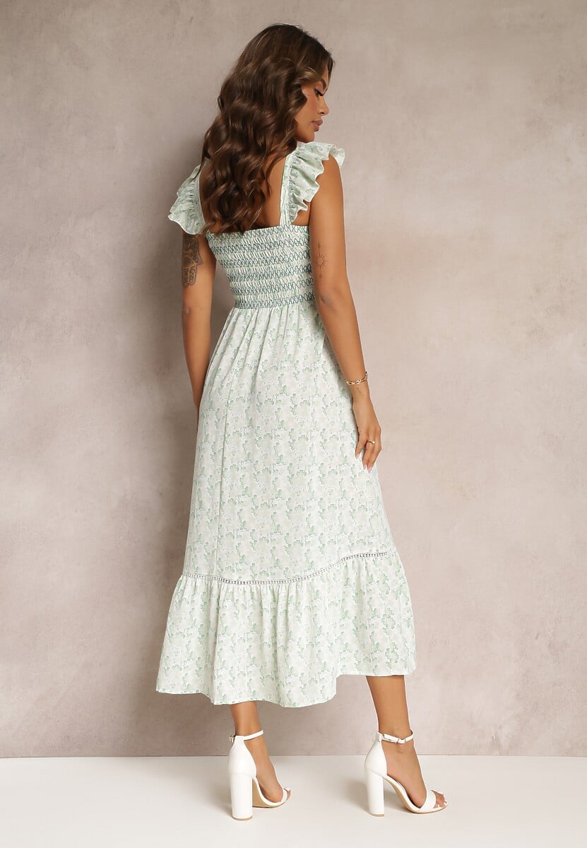 Zielona Maxi Sukienka Rozkloszowana na Ramiączkach z Falbankami Azah