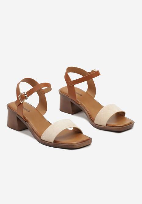 Beżowe Sandały Boho z Imitacją Drewna na Obcasie i Podeszwie Effioma