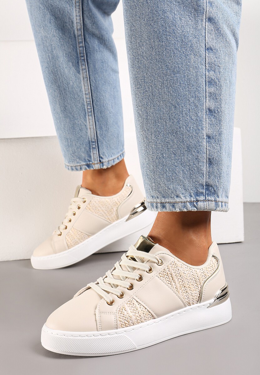 Beżowe Sznurowane Sneakersy z Ekoskóry z Plecionką i Metaliczną Wstawką Josephina