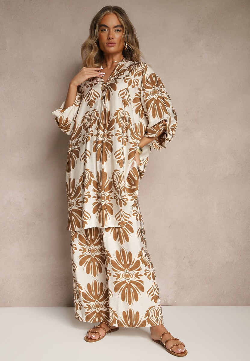 Niebieski Komplet z Wiskozą Spodnie o Szerokim Kroju i Długa Koszula Rinviela