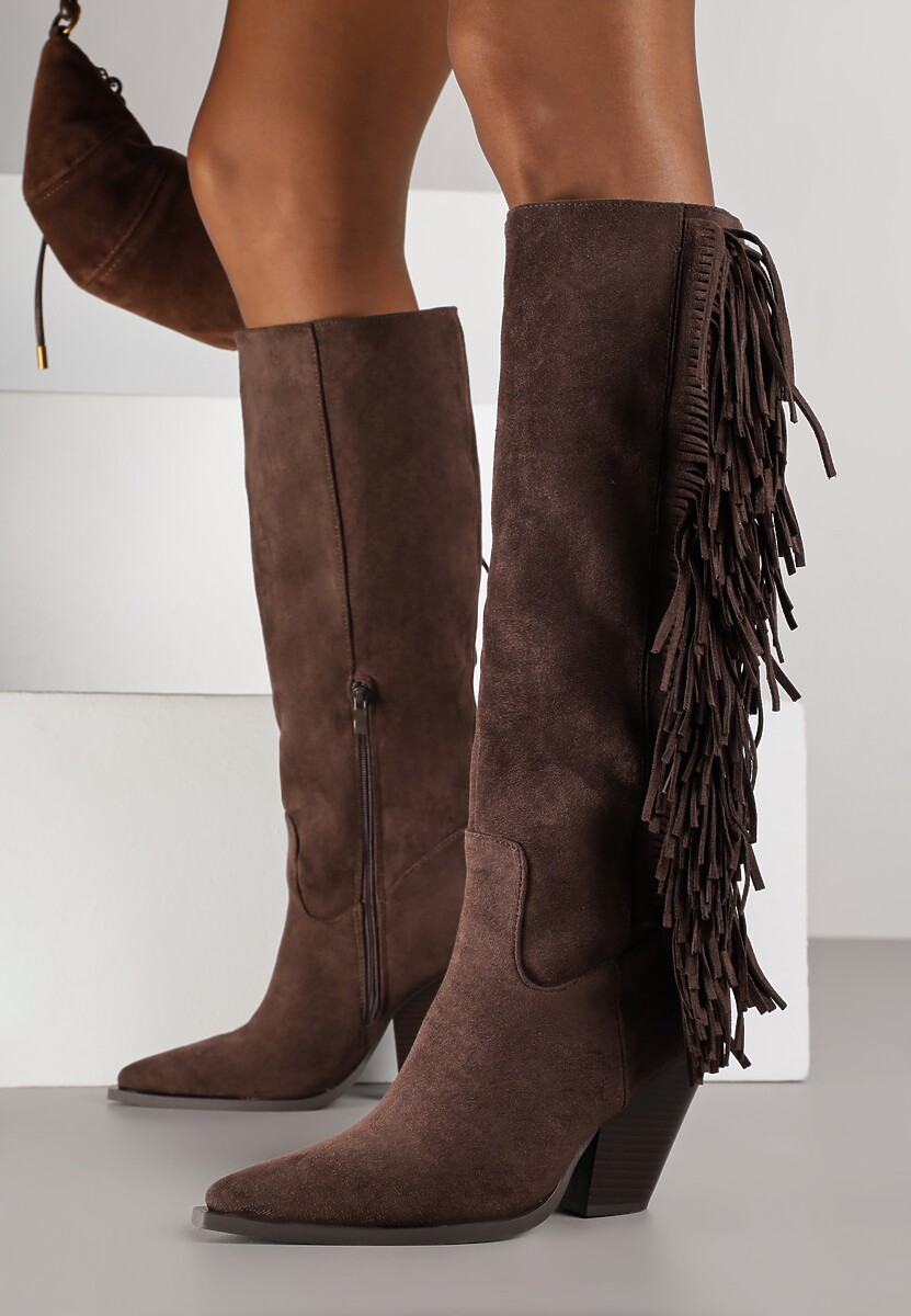 Ciemnobrązowe Kozaki Kowbojki z Imitacji Zamszu z Frędzlami i Stożkowym Obcasem Rafilea