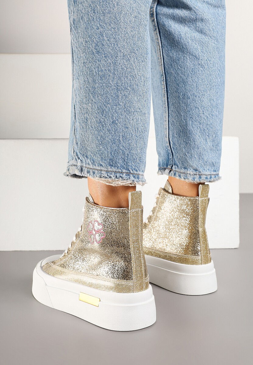 Złote Trampki na Platformie z Wysoką Cholewką Ozdobione Haftem Fonaril
