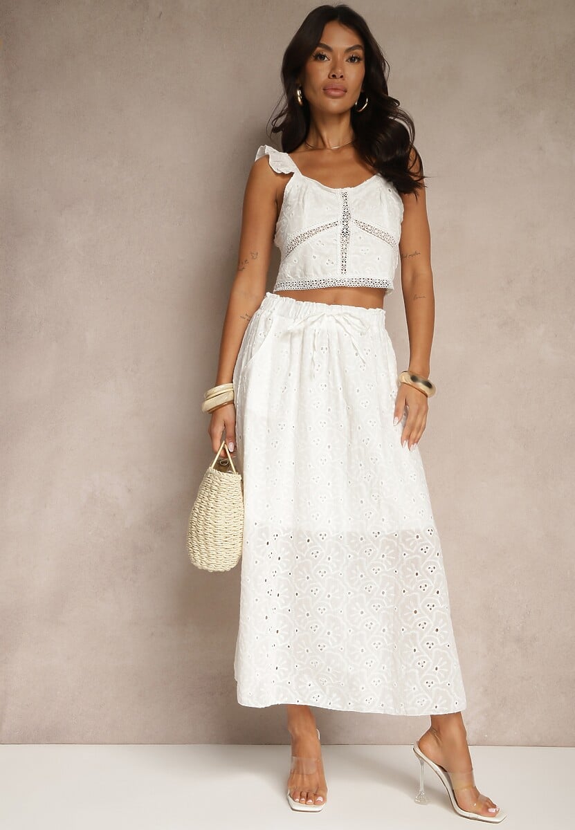 Biały Boho Komplet Top Koronkowy na Ramiączkach Spódnica z Gumką w Pasie Evoolia