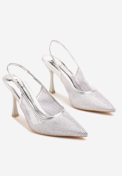 Srebrne Sandały Szpilki Slingback z Noskiem w Szpic Zdobione Cyrkoniami Zenvia