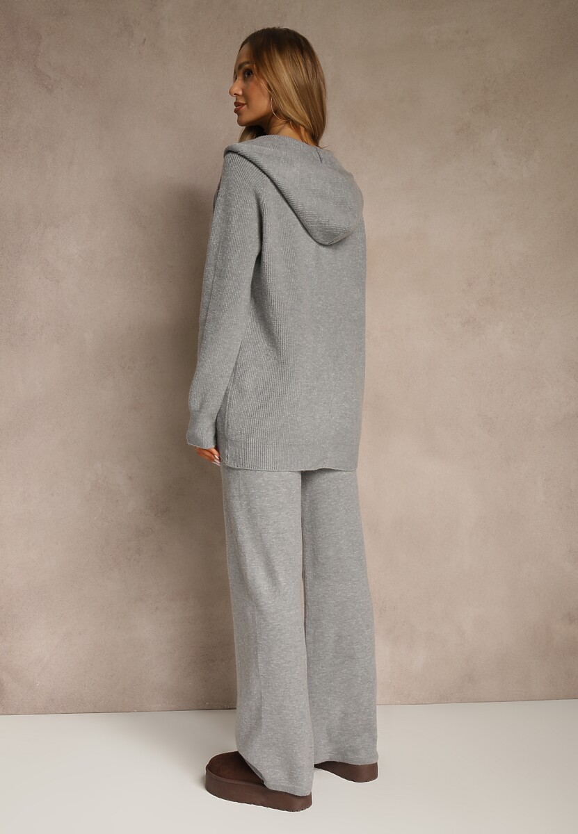 Ciemnoszary Komplet z Wełną i Bawełną Rozpinana Bluza z Kapturem i Szerokie Spodnie Reisema