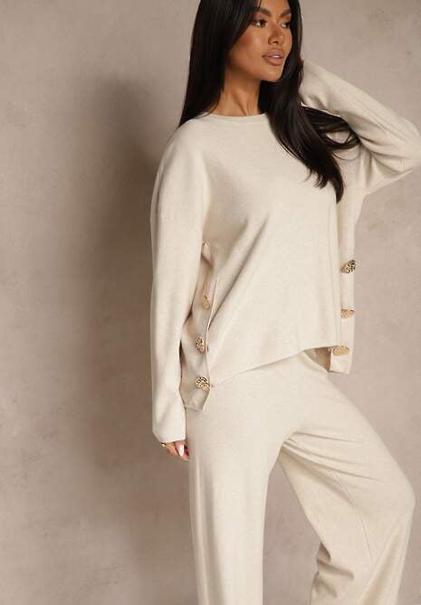 Jasnobeżowy Komplet z Dzianiny z Wiskozą Spodnie Wide Leg i Sweter ze Zdobieniami Miomea