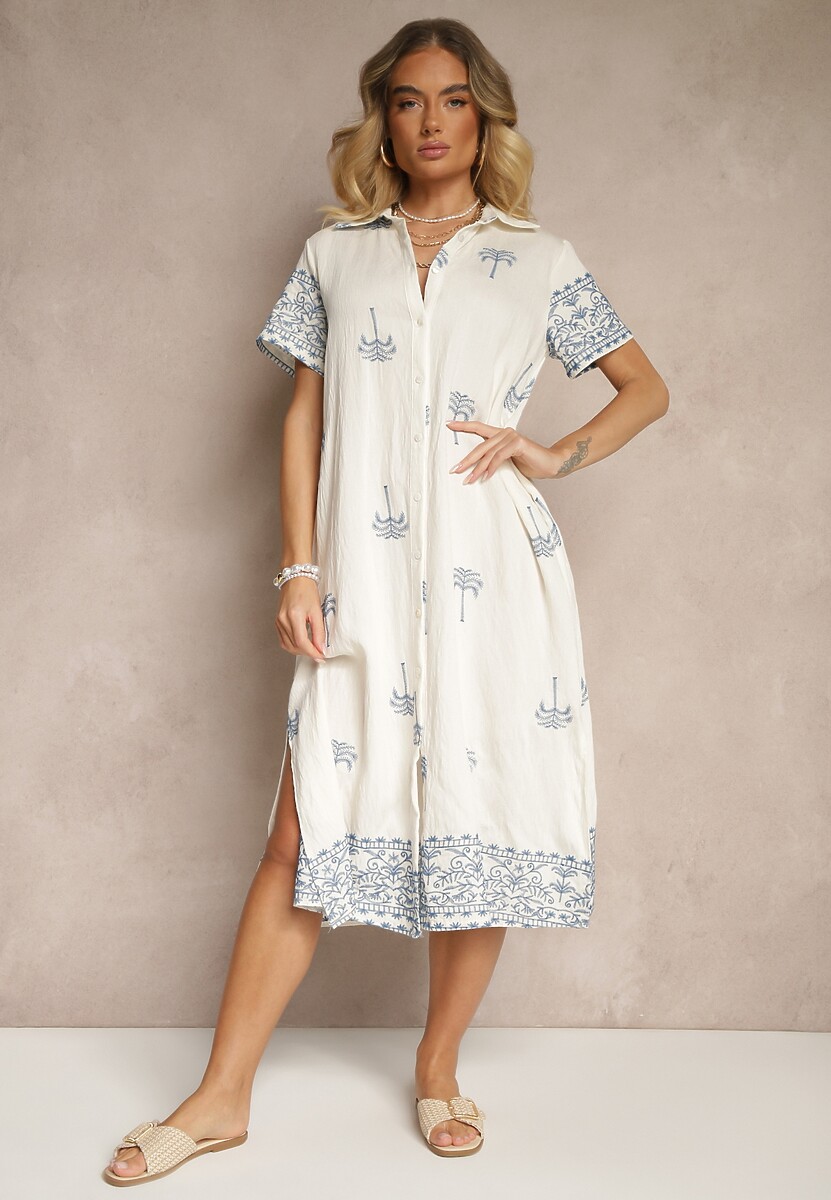 Biała Sukienka z Wiskozą o Pudełkowym Kroju z Kołnierzykiem z Haftem Sanavelle