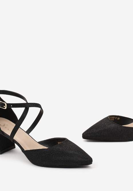 Czarne Brokatowe Czółenka na Słupku ze Szpiczastym Noskiem Felaria