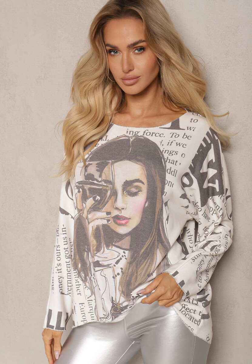 Biała Bluzka z Rysunkowym Printem Przeszyta Metaliczną Nicią Rielie