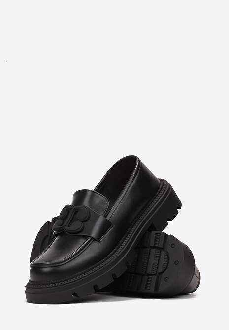 Czarne Mokasyny przed Kostkę z Ozdobną Klamrą i Wkładką ze Skóry Naturalnej Aglemia