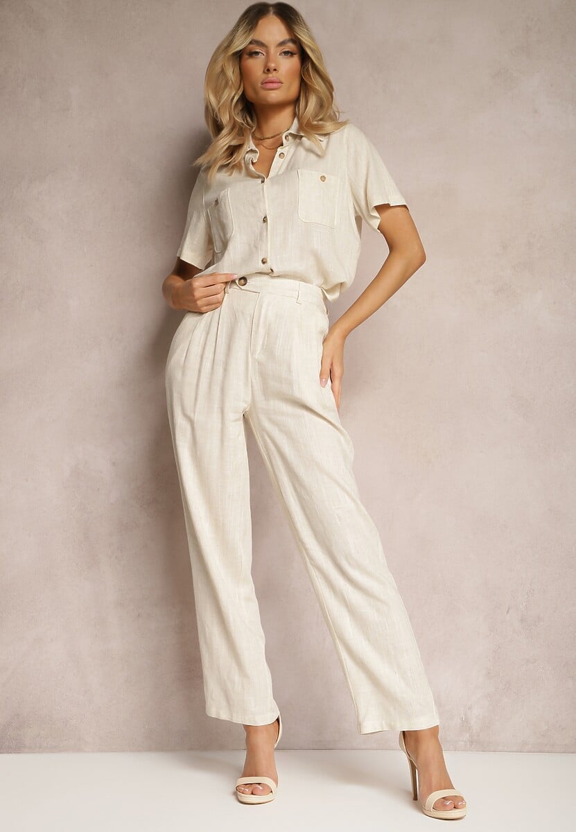 Jasnobeżowe Szerokie Spodnie z Lnu i Wiskozy o Luźnym Kroju Adnetha