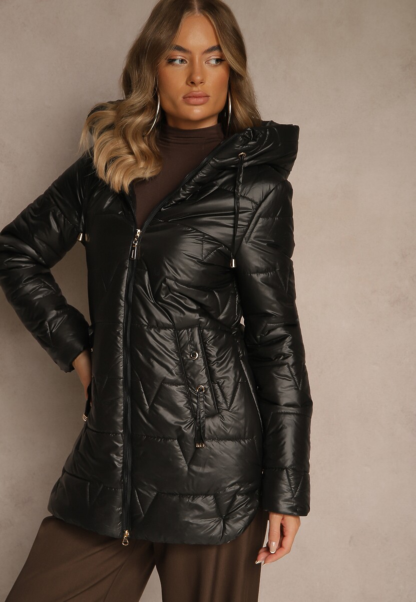 Czarna Przejściowa Kurtka z Pikowanymi Przeszyciami Kapturem i Suwakami Taranessa