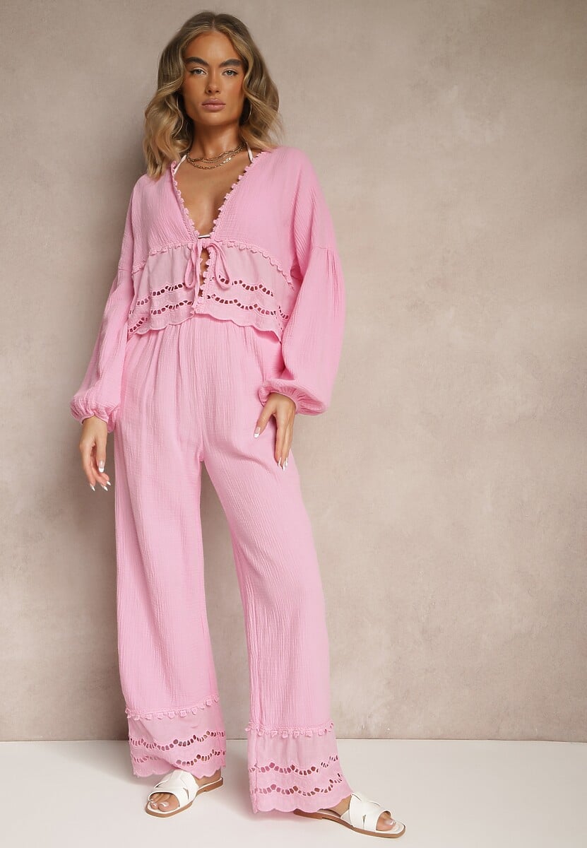 Czarny Komplet z Bawełny z Ażurowymi Wstawkami Bluzka z Wiązaniem i Spodnie Jaette