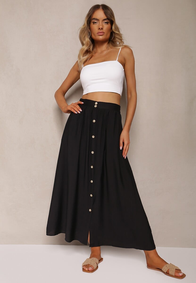 Czarna Wiskozowa Spódnica Rozkloszowana z Lnem Ozdobiona Guzikami Namsila
