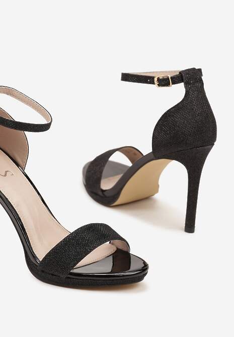 Czarne Brokatowe Sandały na Szpilce Zapinane Wokół Kostki Mlinaya