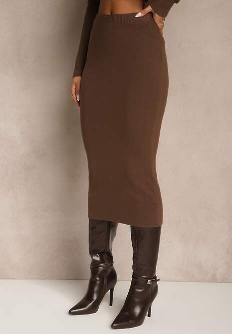 Brązowy Dzianinowy Komplet z Wiskozą Elegancki Kardigan i Spódnica Unalaia