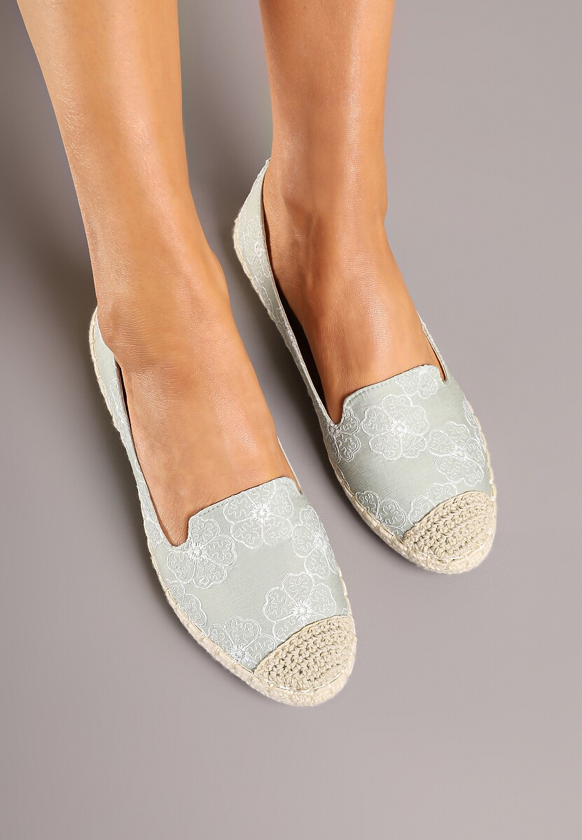 Jasnozielone Espadryle Ozdobione Plecionką i Motywem Kwiatów Ralanne