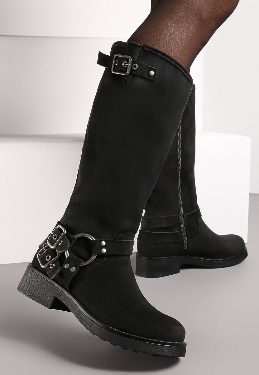 Czarne Kozaki Bikery z Ekoskóry z Ozdobnym Paskiem z Klamrą Marvita