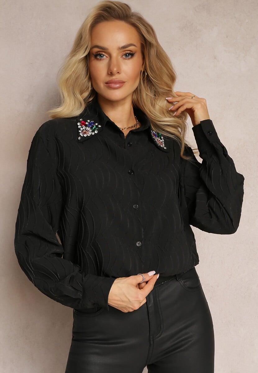 Biała Koszula z Ozdobnymi Kryształkami na Kołnierzyku Savila