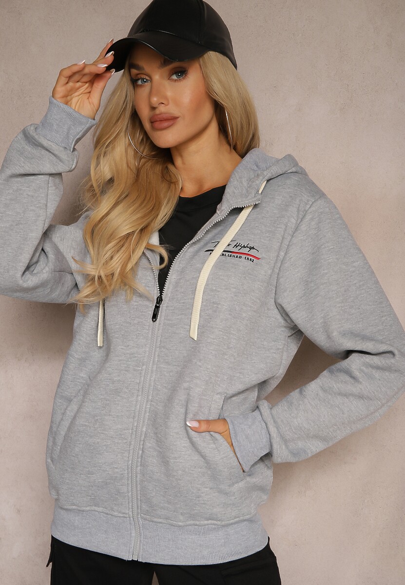 Szara Rozpinana Bluza z Dodatkiem Bawełny z Kapturem i Polarem Tadela