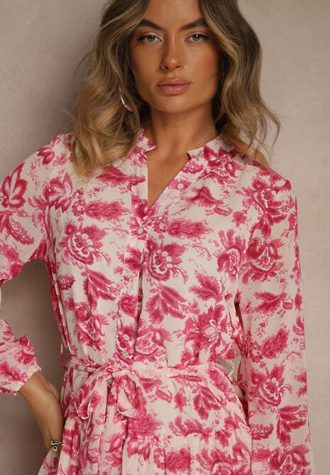 Fuksjowa Kwiecista Sukienka Maxi z Falbanką i Materiałowym Paskiem Ayvie