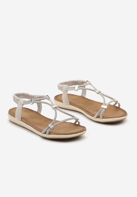 Srebrne Wsuwane Sandały z Wkładką z Imitacji Skóry Ozdobione Cyrkoniami Deloema