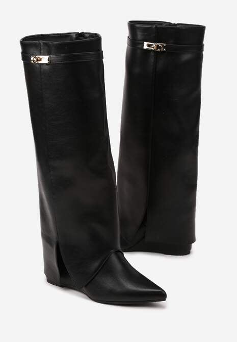 Czarne Kozaki na Koturnie z Cholewką Imitującą Nogawkę z Aplikacją Testarria