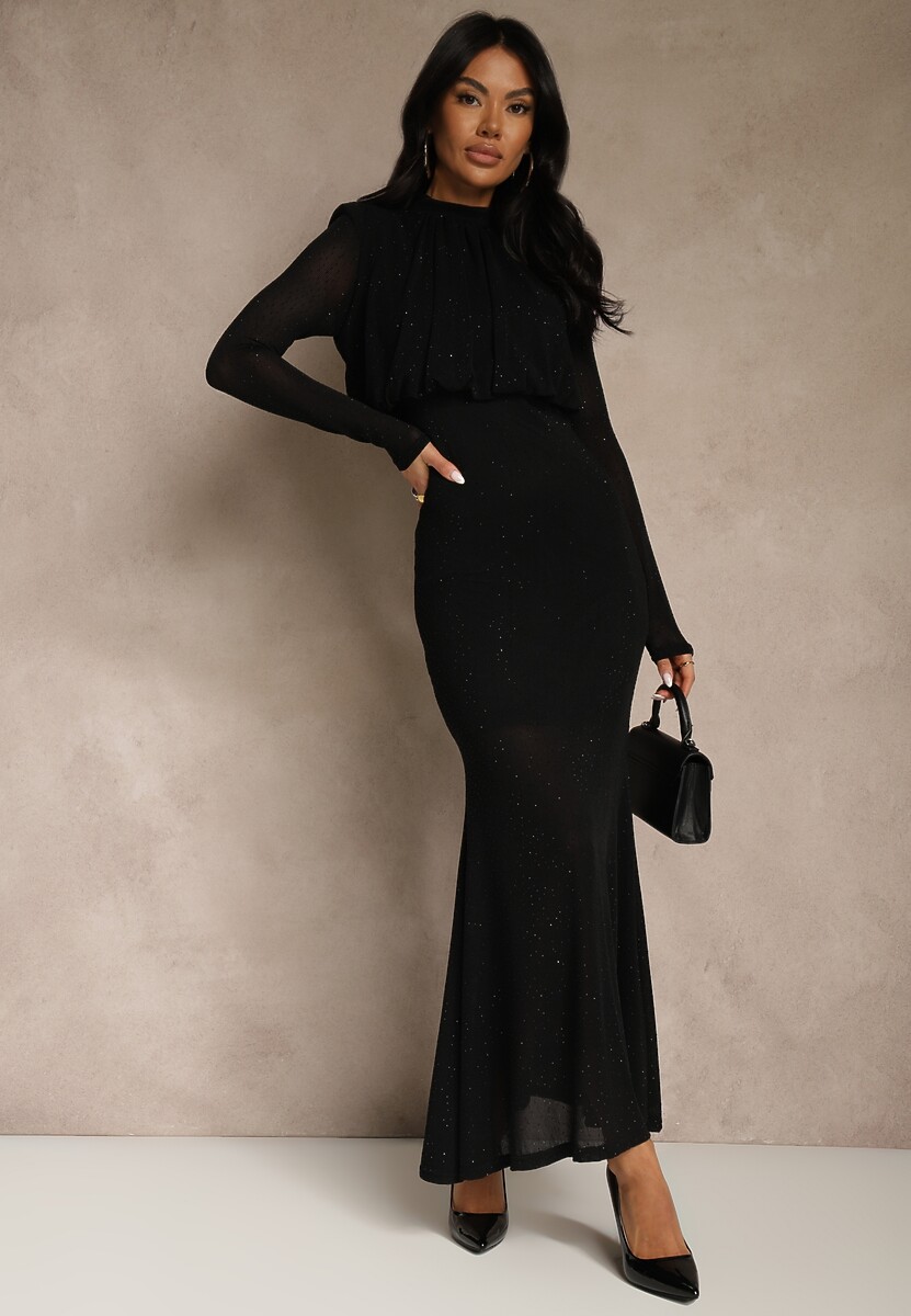Czarna Cyrkoniowa Sukienka o Taliowanym Kroju z Bufiastą Górą i Gumką w Pasie Iwedesa