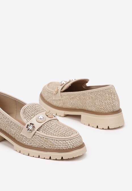 Beżowe Mokasyny z Perełkami i Ozdobami Eladeo