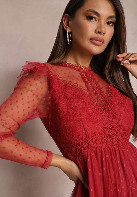 Bordowa Sukienka z Koronką i Tiulem Welvia