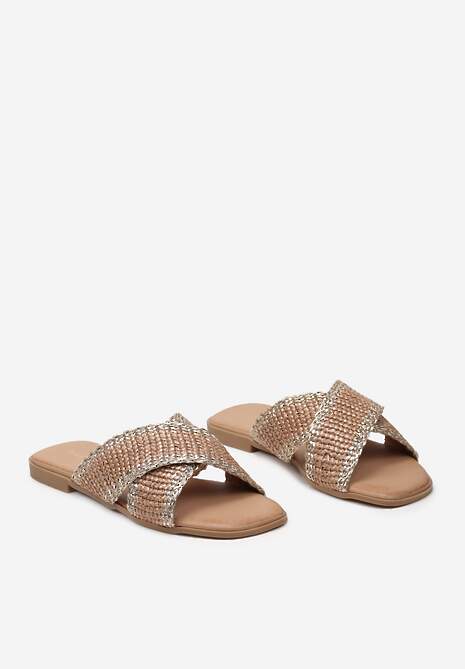 Ciemnobeżowe Ozdobnie Plecione Klapki na Płaskiej Podeszwie Neirika