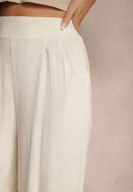 Beżowe Szerokie Spodnie z Lnem High Waist Sanariela