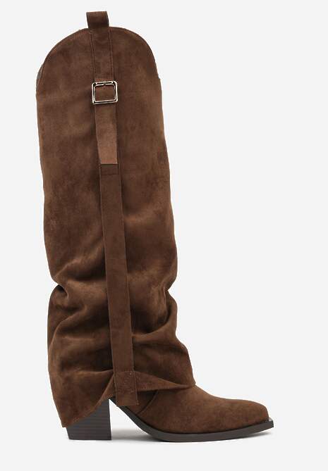 Brązowe Kozaki na Stożku Typu Kowbojki Ozdobione Klamrą i Wywiniętą Cholewką Nalirella