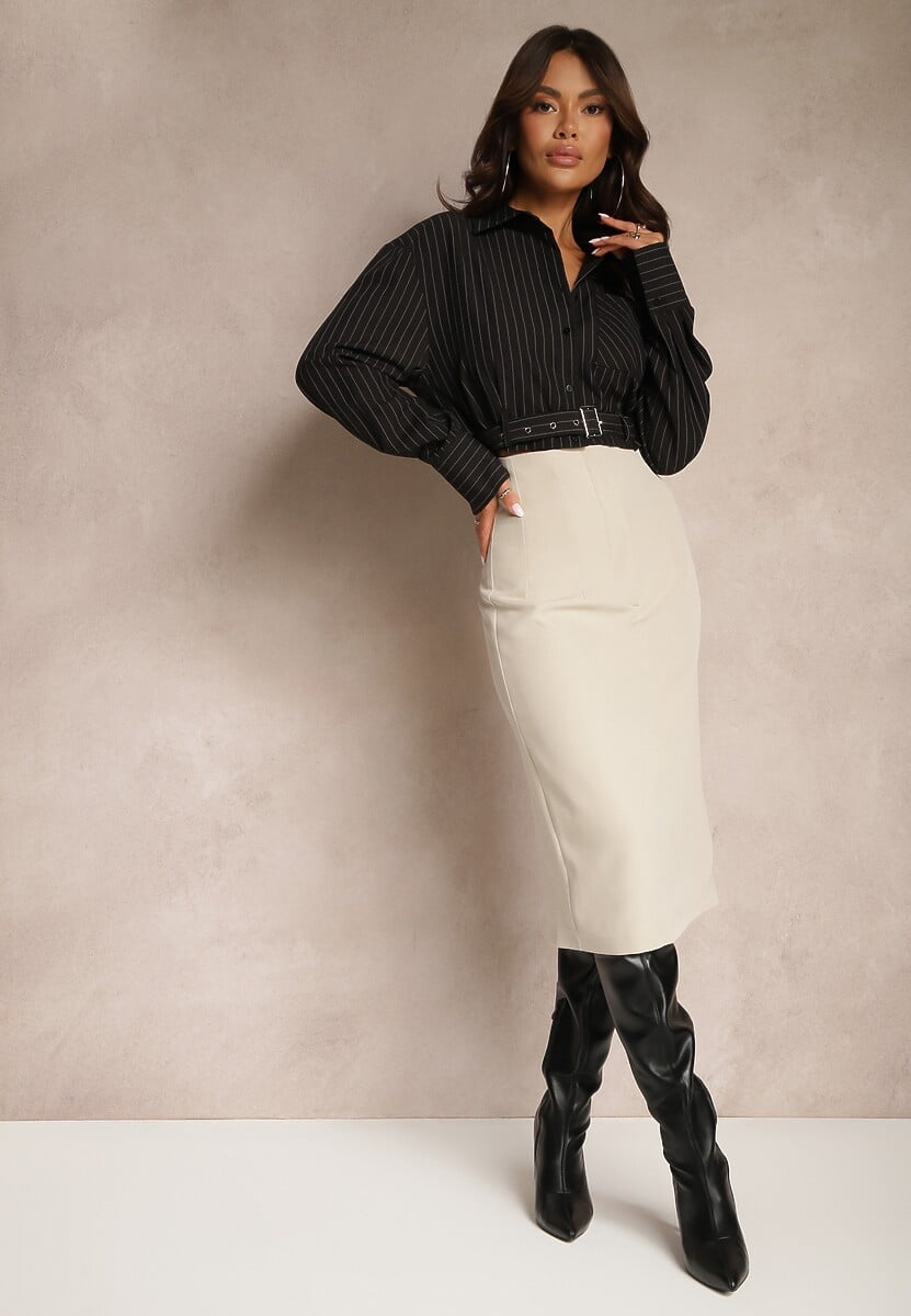 Beżowa Spódnica o Ołówkowym Kroju High Waist z Rozcięciem z Tyłu Liozia