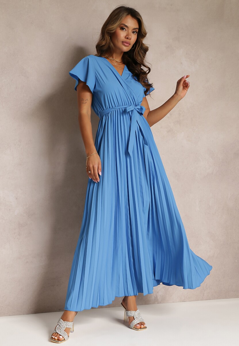 Czarna Koktajlowa Maxi Sukienka Ozdobiona Plisami z Trójkątnym Dekoltem i Wiązaniem w Talii Phoelia