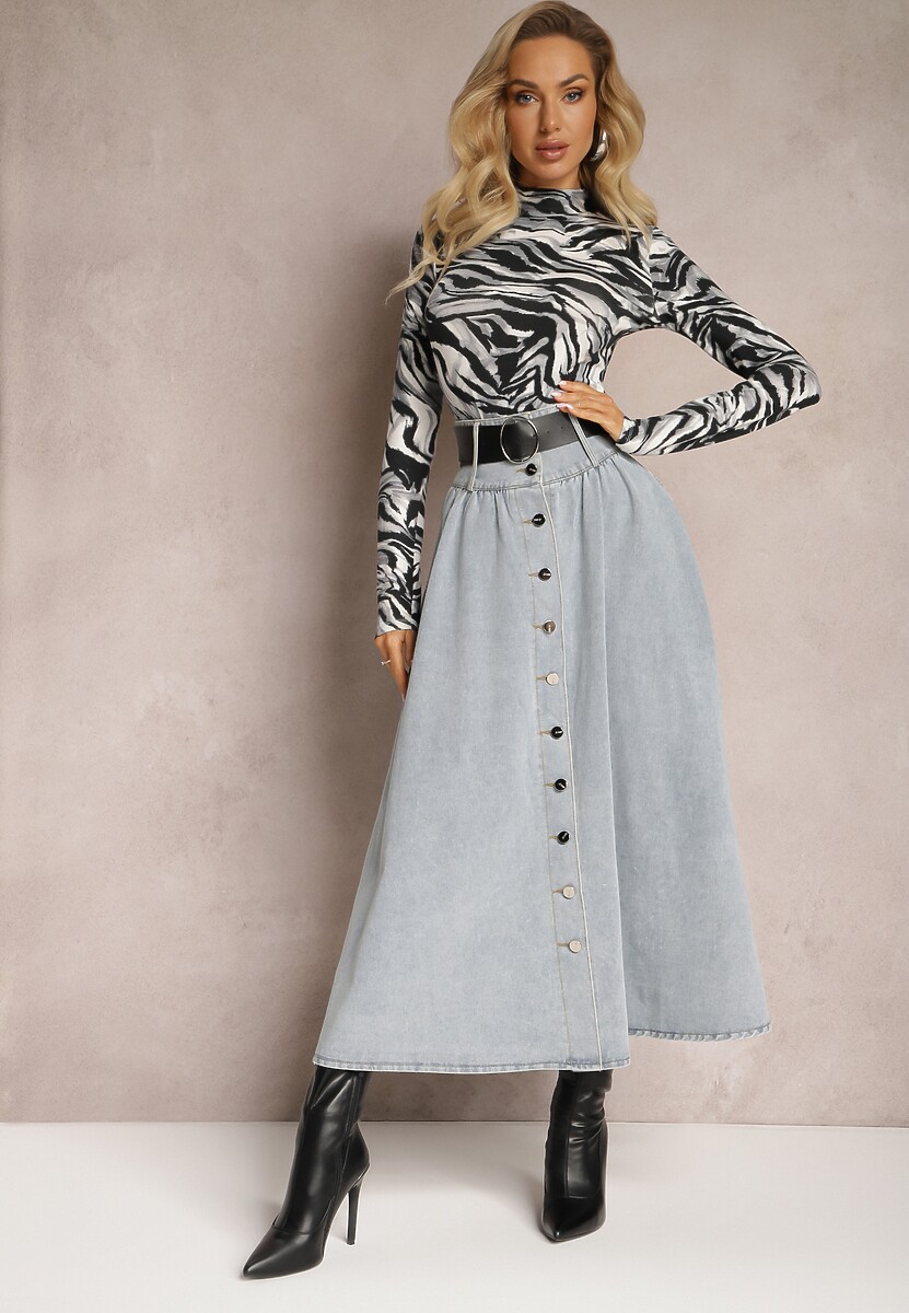 Granatowa Jeansowa Spódnica Maxi z Guzikami z Bawełny Rachellia