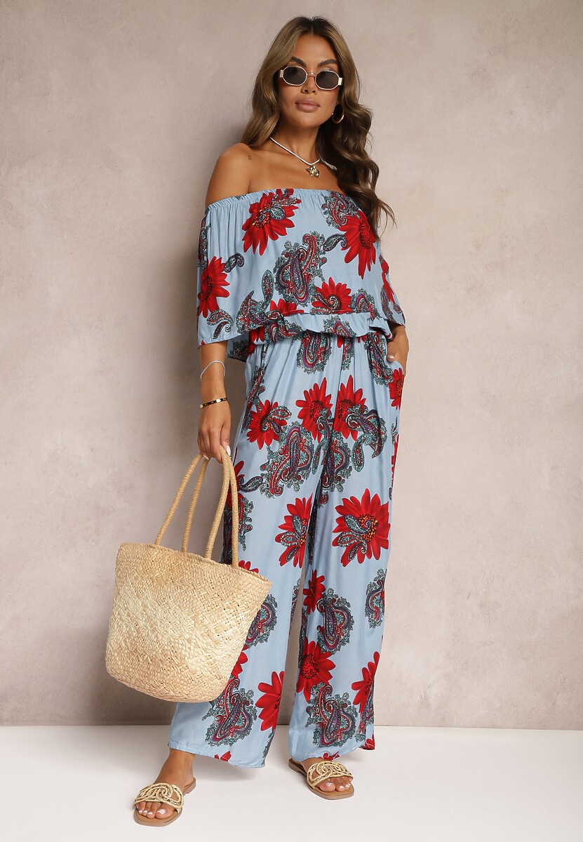 Niebiesko-Czerwony Wiskozowy Taliowany Kombinezon Ozdobiony Kwiecistym Wzorem Nelanora